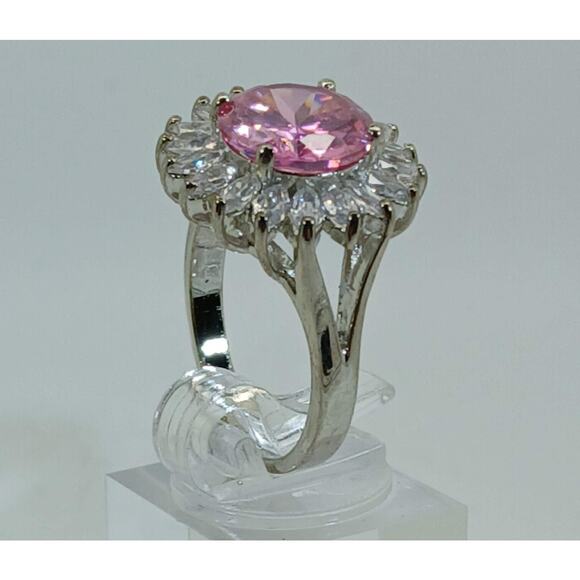 Vintage Ring Size 7.5 Silver Tone White Gold GP Pink CZ Cluster Cocktail NOS - Picture 8 of 10